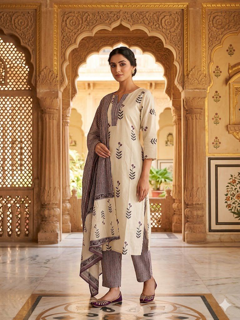 Ivory Floral Blossom Pure Cotton Kurta Set 🌸🤍