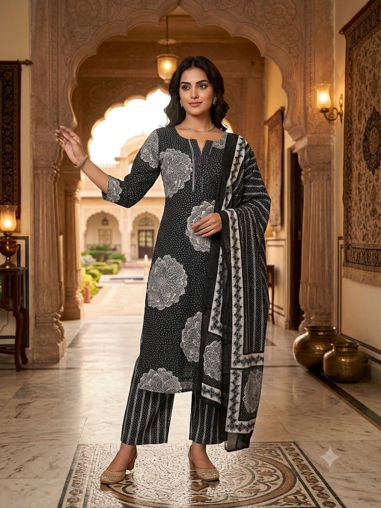 Black Floral Pure Cotton Kurta Set 🌸🤍