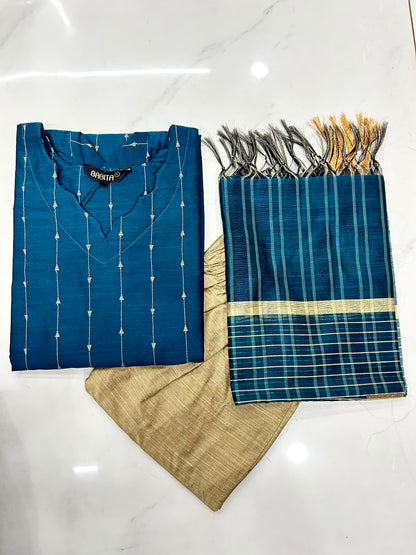 Elegant Raw Silk Kurta Set with Inner Lining & Matching Dupatta