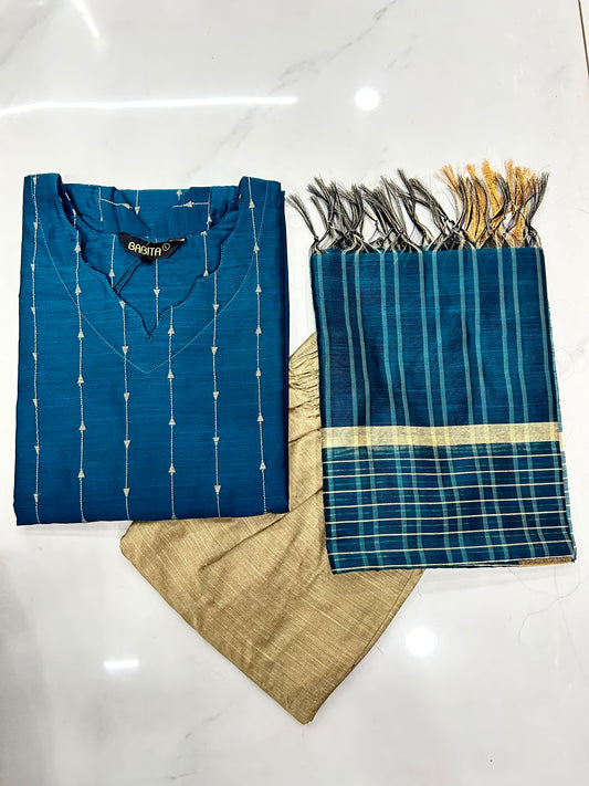 Elegant Raw Silk Kurta Set with Inner Lining & Matching Dupatta