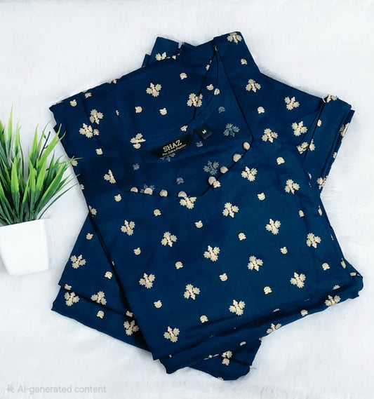 Navy Blue Floral Butti Design Export Rayon Kurti