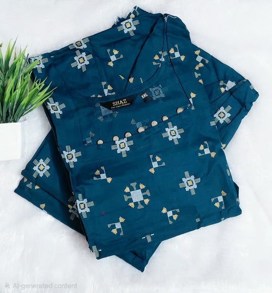 Teal Blue Geometric Design Export Rayon Kurti