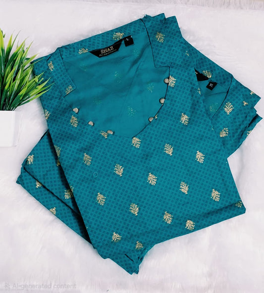 Turquoise Blue Ethnic Motif Design Export Rayon Kurti