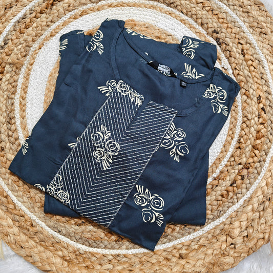 Navy Blue Rayon Kurti with Cream Floral Print & Chevron Embroidered Yoke