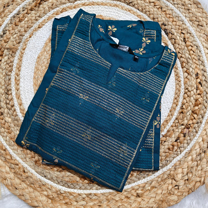 Peacock Blue Rayon Kurti with Gold Zigzag Embroidered Yoke
