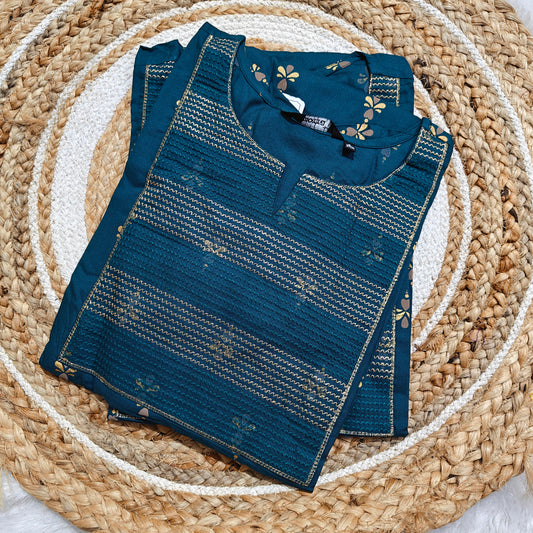 Peacock Blue Rayon Kurti with Gold Zigzag Embroidered Yoke