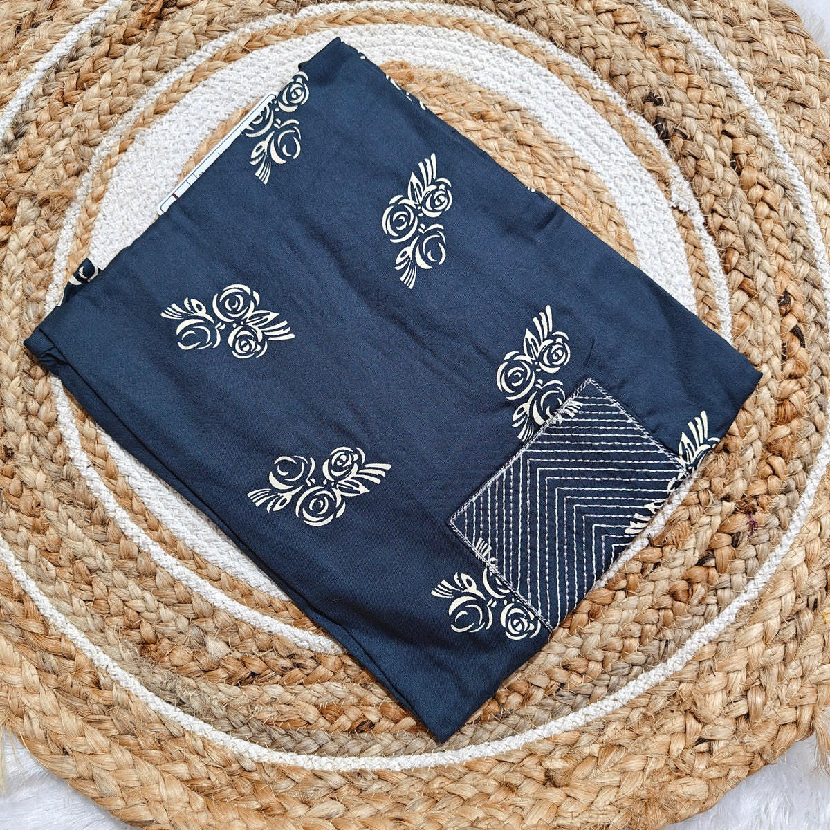 Navy Blue Rayon Kurti with Cream Floral Print & Chevron Embroidered Yoke