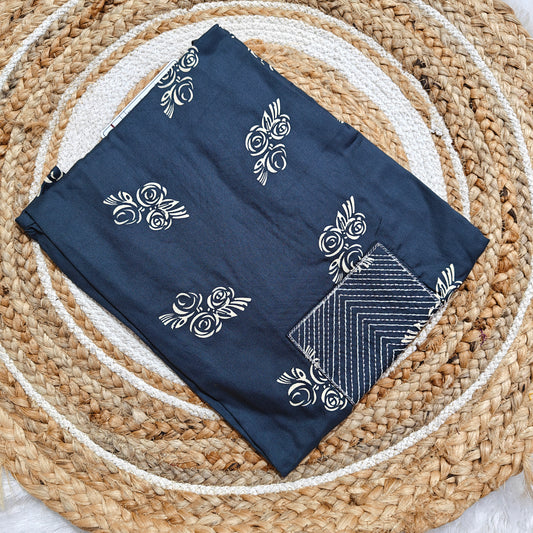 Navy Blue Rayon Kurti with Cream Floral Print & Chevron Embroidered Yoke