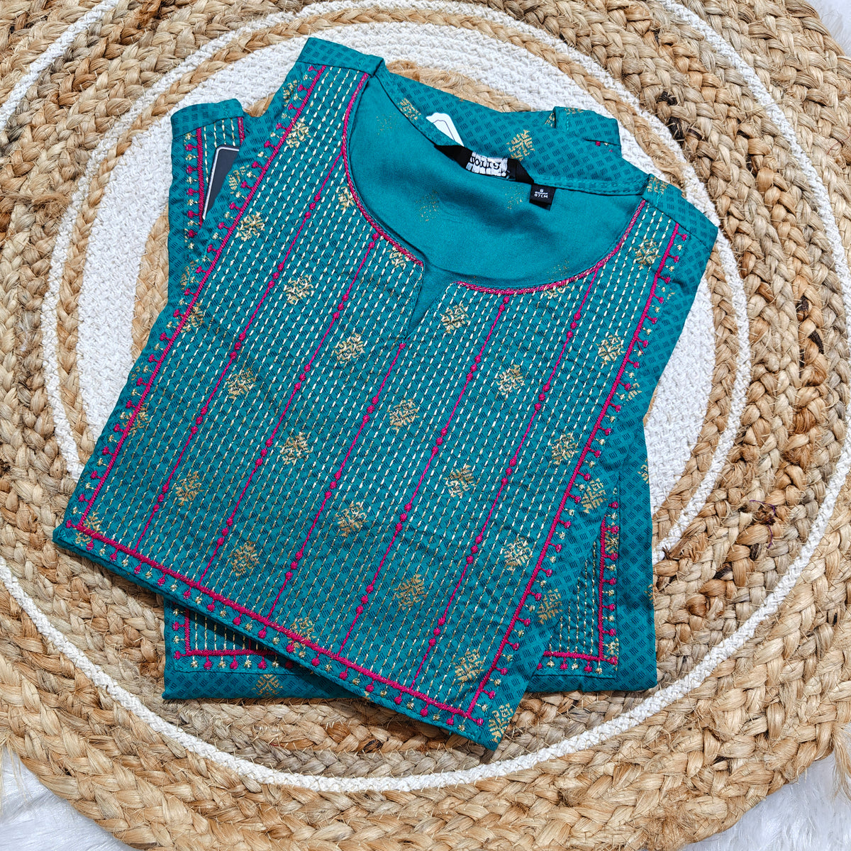 Teal Blue Premium Rayon Kurti with Pink & Gold Embroidery