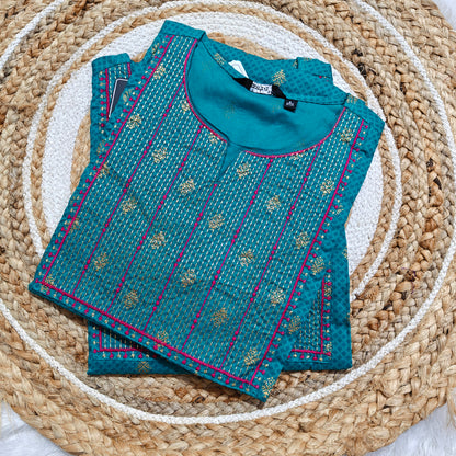 Teal Blue Premium Rayon Kurti with Pink & Gold Embroidery