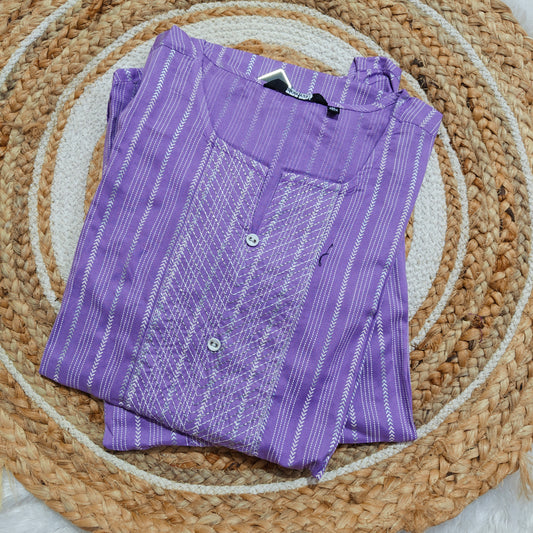 Lavender Premium Rayon Kurti with Chevron Stripes & Embroidered Yoke