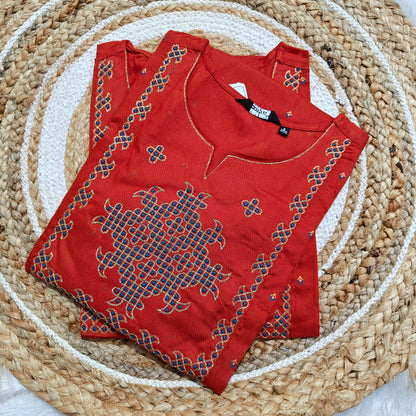 Brick Red Premium Rayon Kurti with Blue & Gold Embroidery