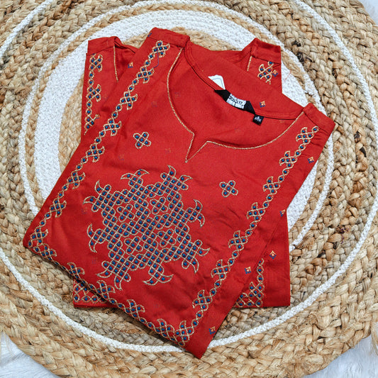 Brick Red Premium Rayon Kurti with Blue & Gold Embroidery