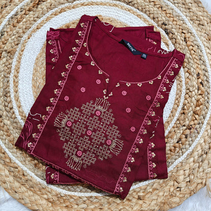 Wine Maroon Premium Rayon Kurti with Pink & Gold Embroidery