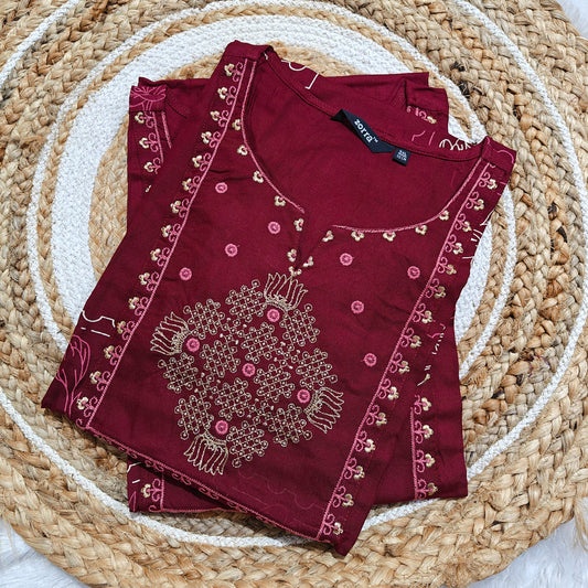 Wine Maroon Premium Rayon Kurti with Pink & Gold Embroidery