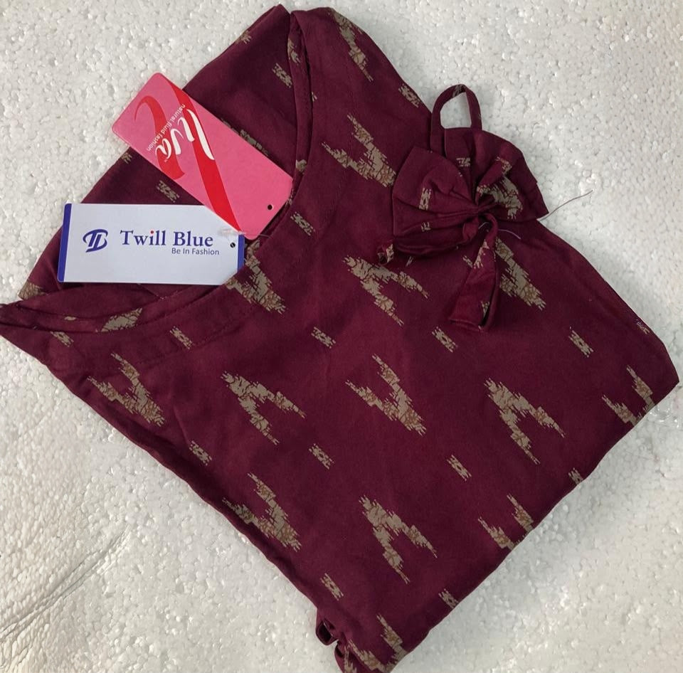 Liva Rayon Wine Ikat Printed Kurti with Bow Detailing 🎀