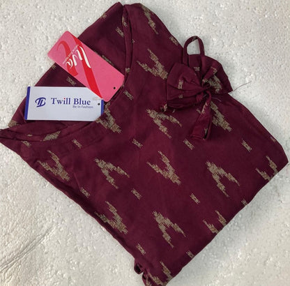 Liva Rayon Wine Ikat Printed Kurti with Bow Detailing 🎀