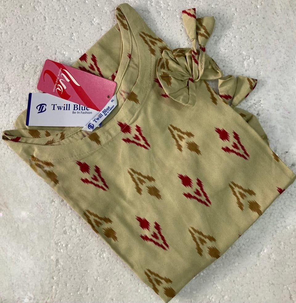 Liva Rayon Cream Ikat Printed Kurti with Bow Detailing 🎀
