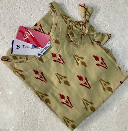 Liva Rayon Cream Ikat Printed Kurti with Bow Detailing 🎀
