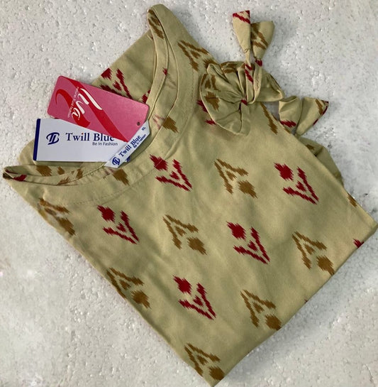 Liva Rayon Cream Ikat Printed Kurti with Bow Detailing 🎀