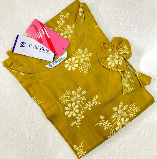 Liva Rayon Yellow Floral Printed Kurti with Bow Detailing 🎀