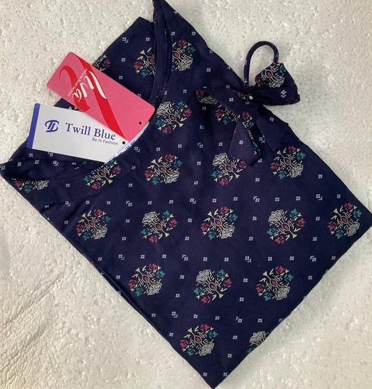 Liva Rayon Navy Floral Printed Kurti with Bow Detailing 🎀