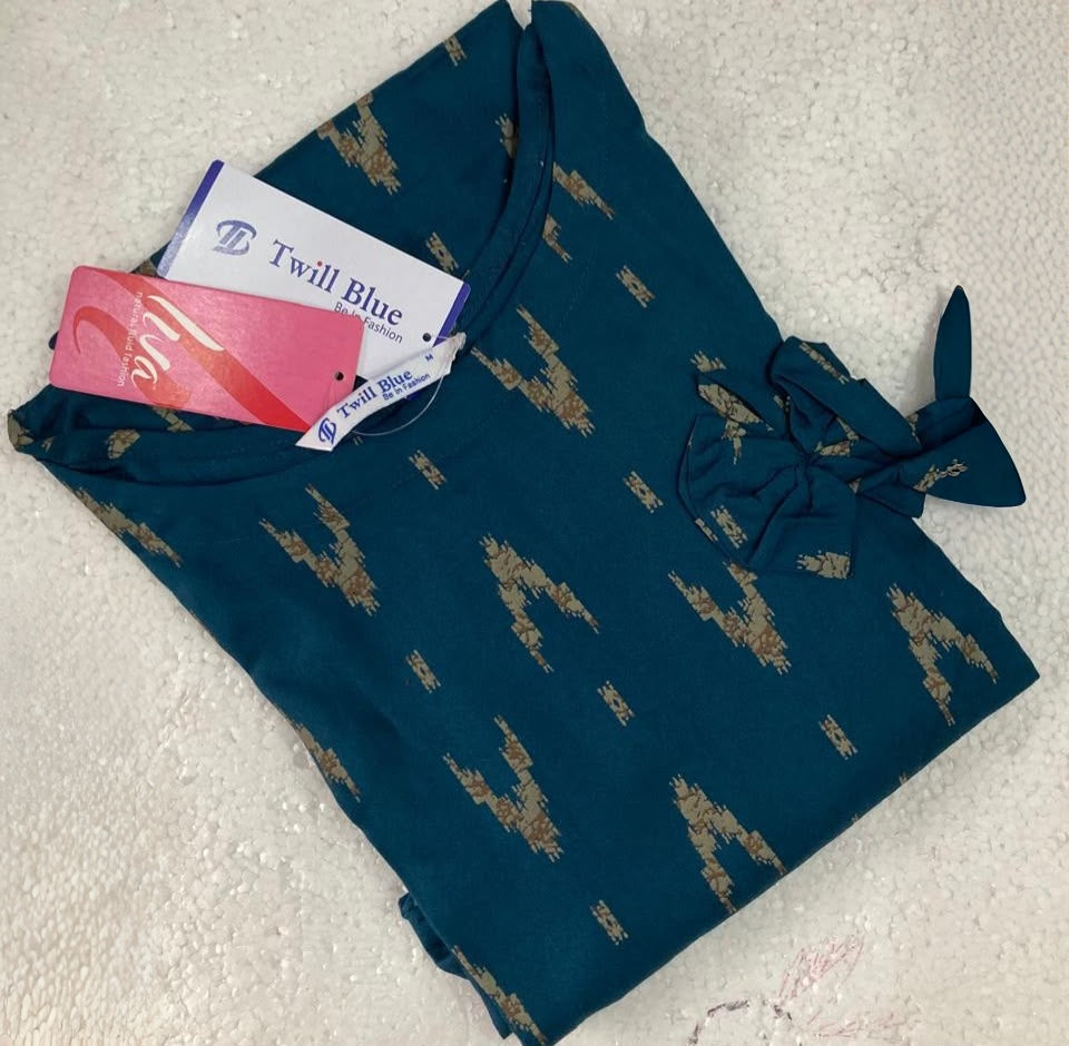 Liva Rayon Teal Blue Ikat Printed Kurti with Bow Detailing 🎀