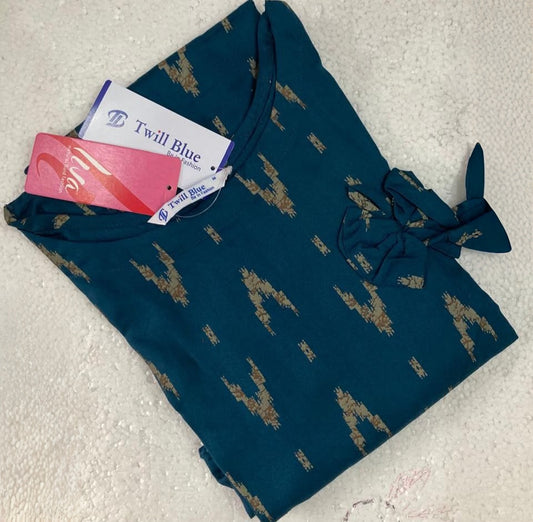 Liva Rayon Teal Blue Ikat Printed Kurti with Bow Detailing 🎀