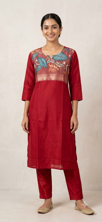 Kalamkari Organza Patch Silk Kurti | Red
