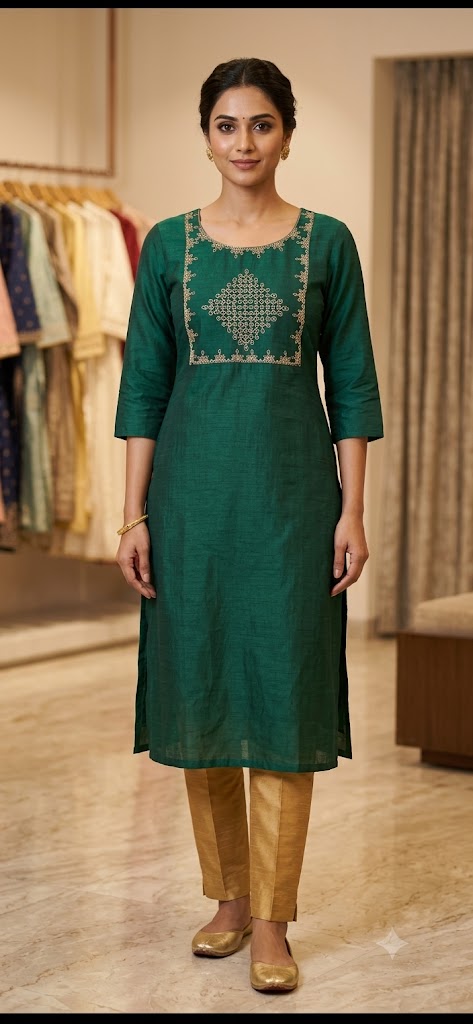Kolam Embroidery Silk Kurti | Green