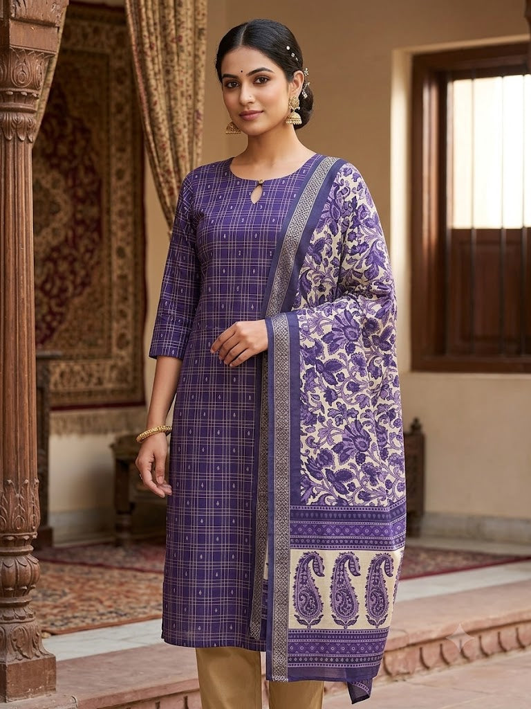 💜Raw Silk 3-Piece Kurta Set with Lining | Festive Wear | Side Pocket✨