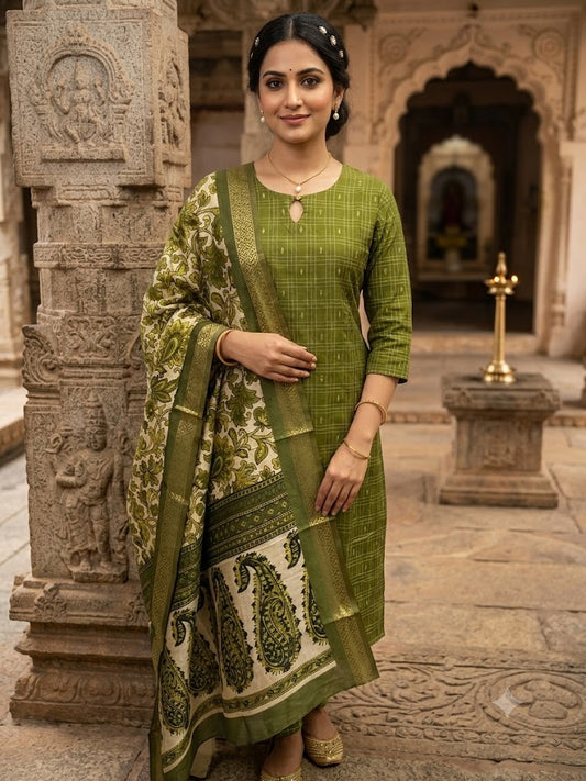 💚Raw Silk 3-Piece Kurta Set with Lining | Festive Wear | Side Pocket✨