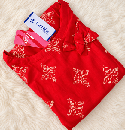 Liva Rayon Red Floral Printed Kurti with Bow Detailing 🎀