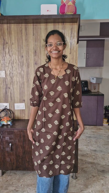 🤎Dabu Cotton Straight-cut Kurti | Brown