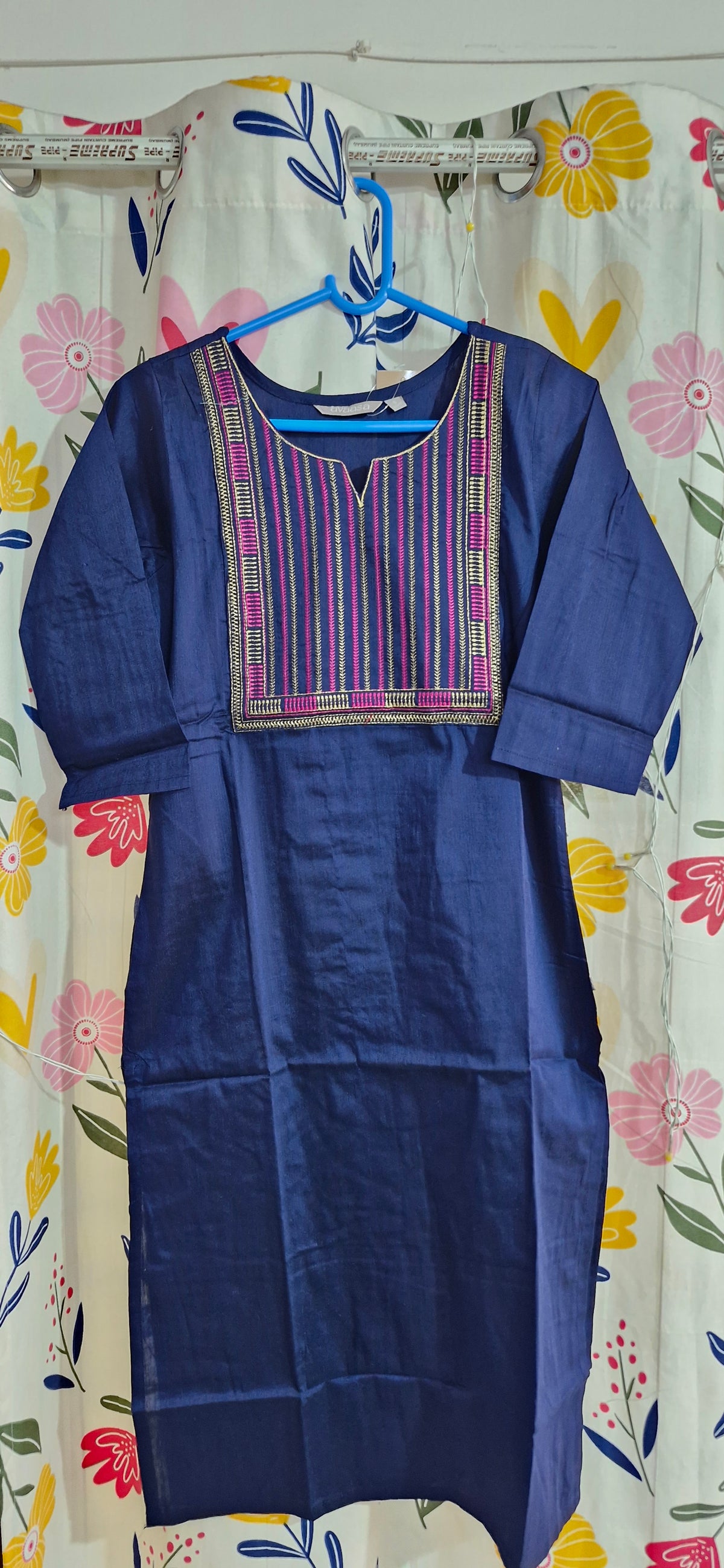 Navy Blue Pink & Gold Embroidered Silk Kurti