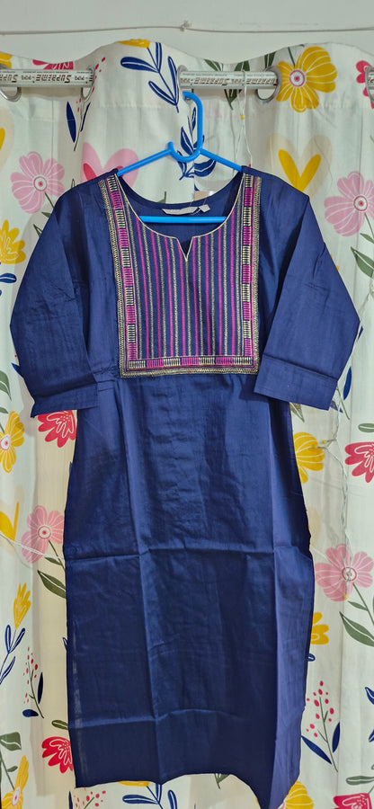 Navy Blue Pink & Gold Embroidered Silk Kurti