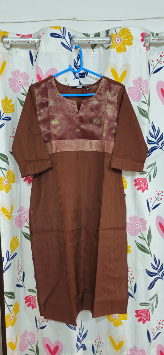 Chocolate Brown Festive Silk Kurti with Floral Motifs