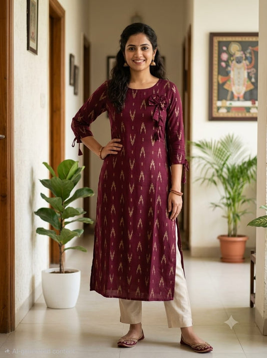 Liva Rayon Wine Ikat Printed Kurti with Bow Detailing 🎀