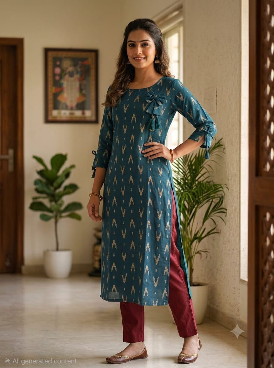 Liva Rayon Teal Blue Ikat Printed Kurti with Bow Detailing 🎀