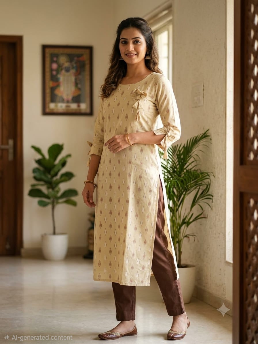 Liva Rayon Cream Printed Kurti with Bow Detailing 🎀