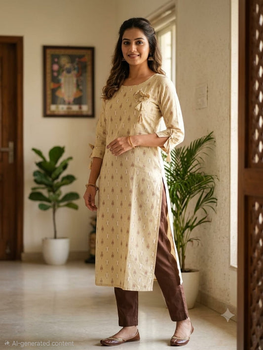Liva Rayon Cream Printed Kurti with Bow Detailing 🎀