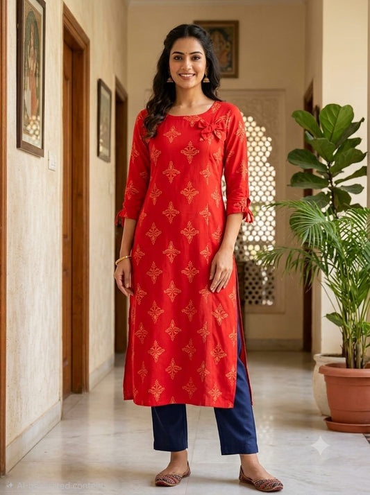 Liva Rayon Red Floral Printed Kurti with Bow Detailing 🎀