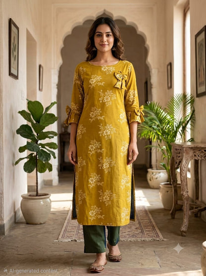 Liva Rayon Yellow Floral Printed Kurti with Bow Detailing 🎀