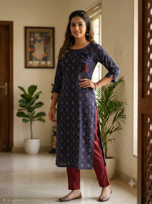Liva Rayon Navy Floral Printed Kurti with Bow Detailing 🎀