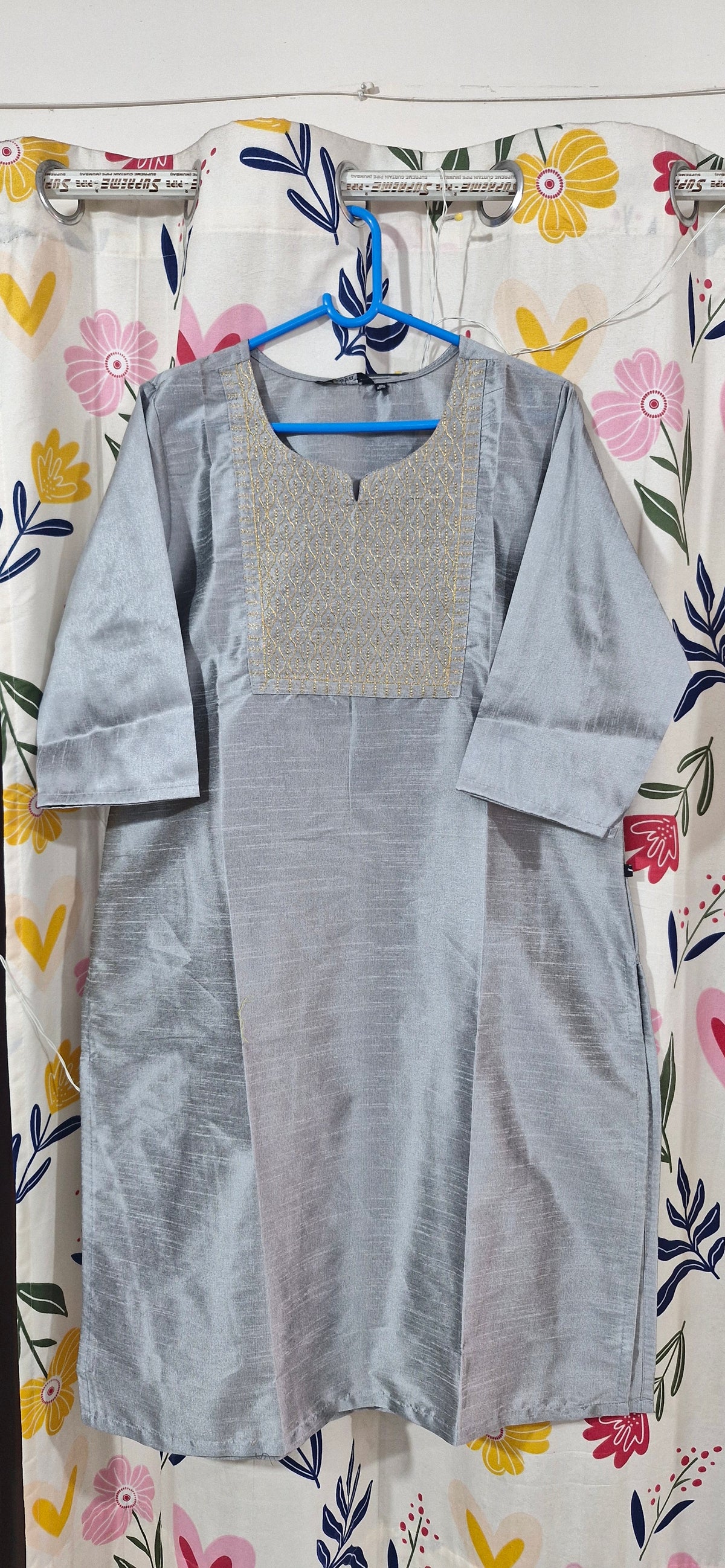 Grey Gold Embroidered Silk Kurti