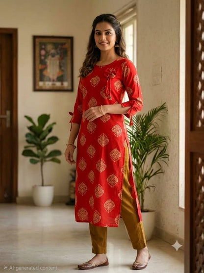 Liva Rayon Red Floral Printed Kurti with Bow Detailing 🎀