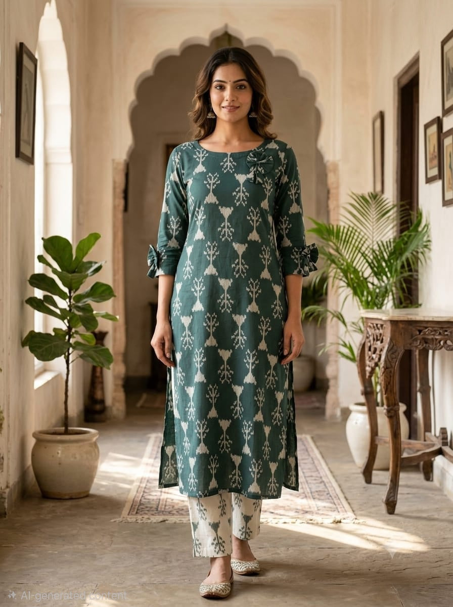 Liva Rayon Green Floral Printed Kurti with Bow Detailing 🎀