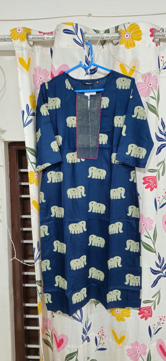 Navy Blue Elephant Print Rayon Kurti