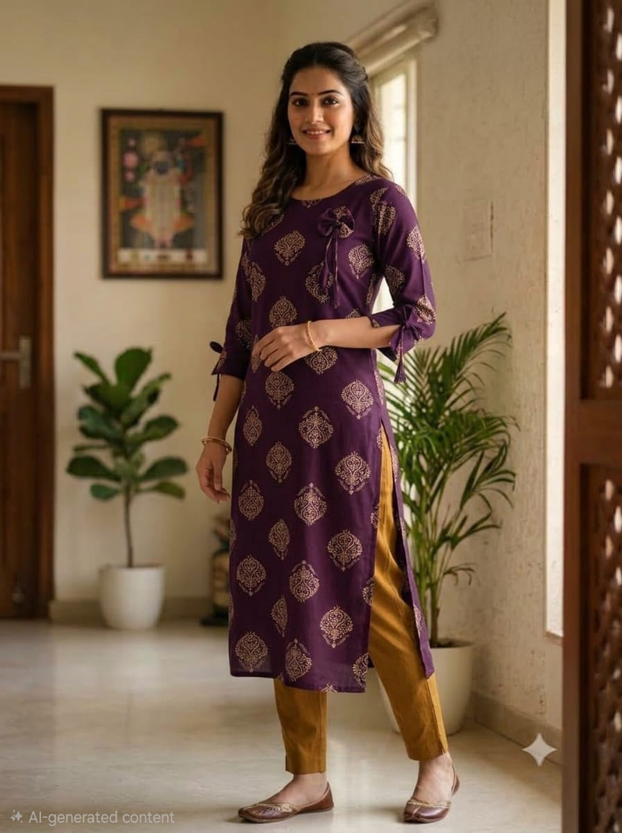 Liva Rayon Wine Floral Printed Kurti with Bow Detailing 🎀