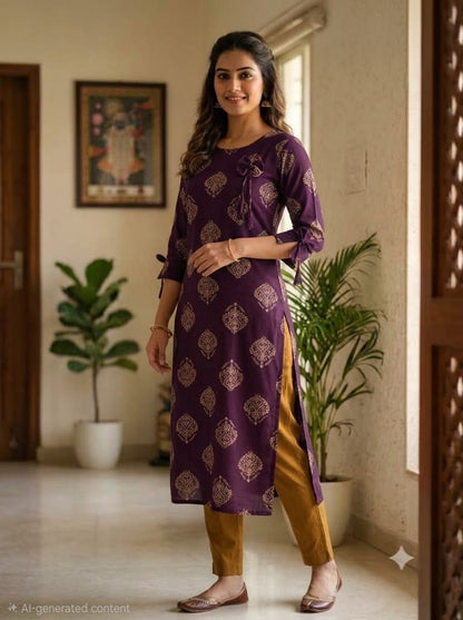 Liva Rayon Wine Floral Printed Kurti with Bow Detailing 🎀